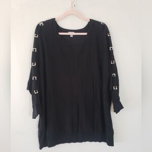 Avenue Black Sweater Long Sleeve Silver Arm Buckles Round Neck Plus Size